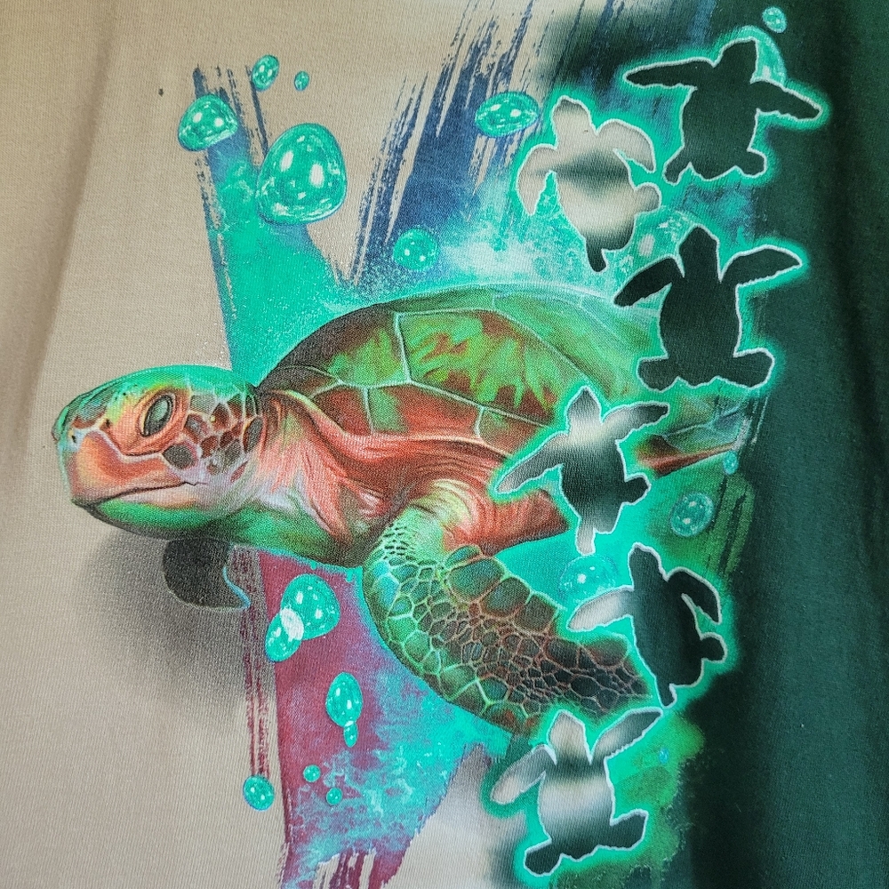 Vintage 90s Sea Turtle Tie Dye Green Tan Tshirt Kids Youth Large Marine Science